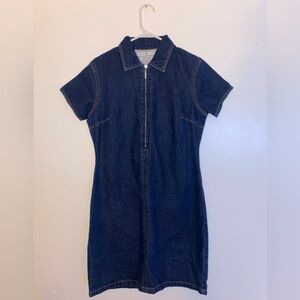 SOLD Tommy Hilfiger 90s/2000s Denim Zip Up Mini Dress in Dark Indigo Blue Wash